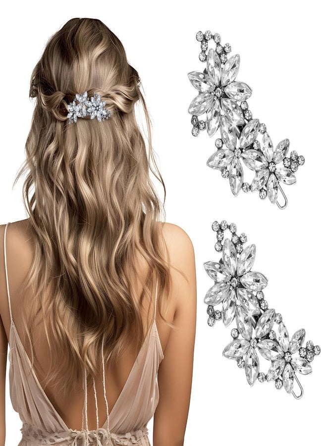 MBAIYO 2Pcs Crystal Flower Hair Clips, Silver Rhinestone Hair Pins Rhinestone Bridal Hair Accessories Diamond Hair Clips Floral Style Wedding Headpiece for Brides Women Girls - Image 1